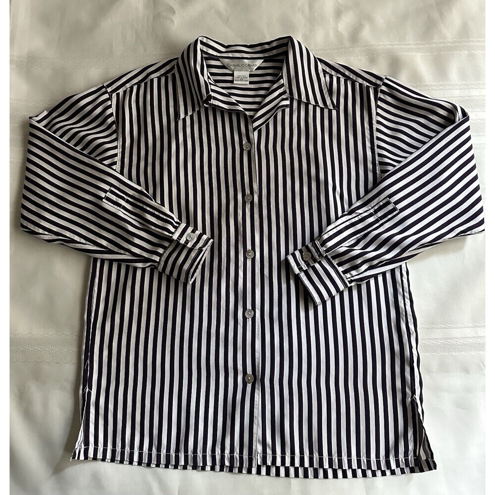 Vintage 100% Silk Casual Corner Womens Top Size XS Black White Stripe Button-Up - Picture 6 of 15